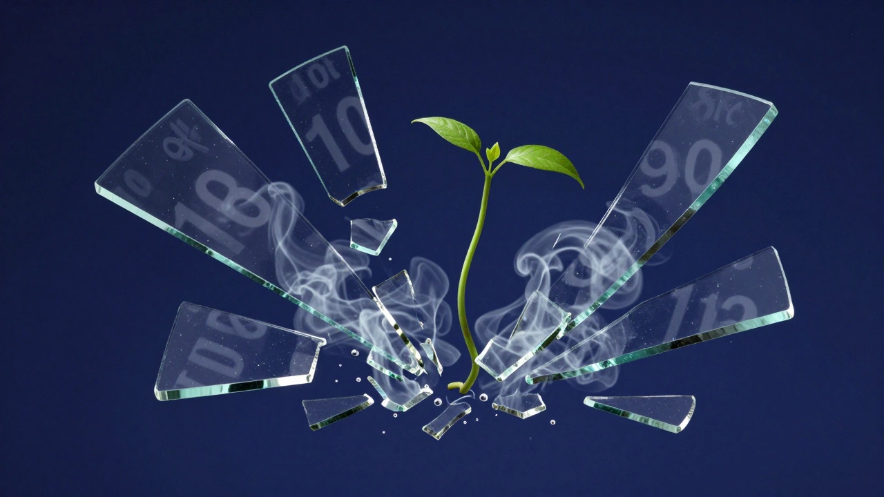Shattered glass with dissolving numbers and a growing vine, representing flexible love over rules.