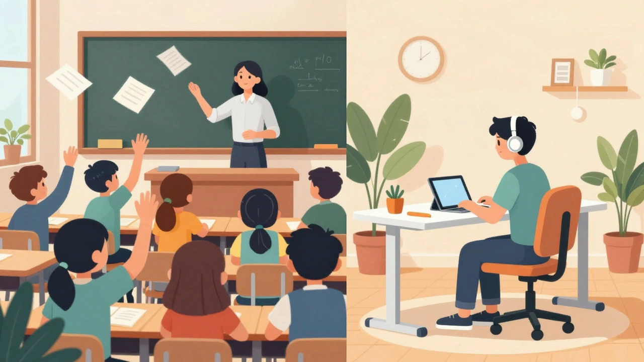 Split view comparing a busy traditional classroom with a calm home study setup