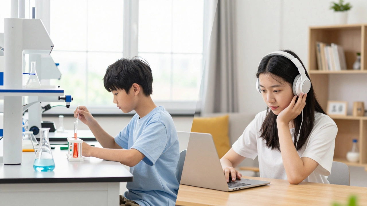 Split view of student in lab and at home for hybrid learning