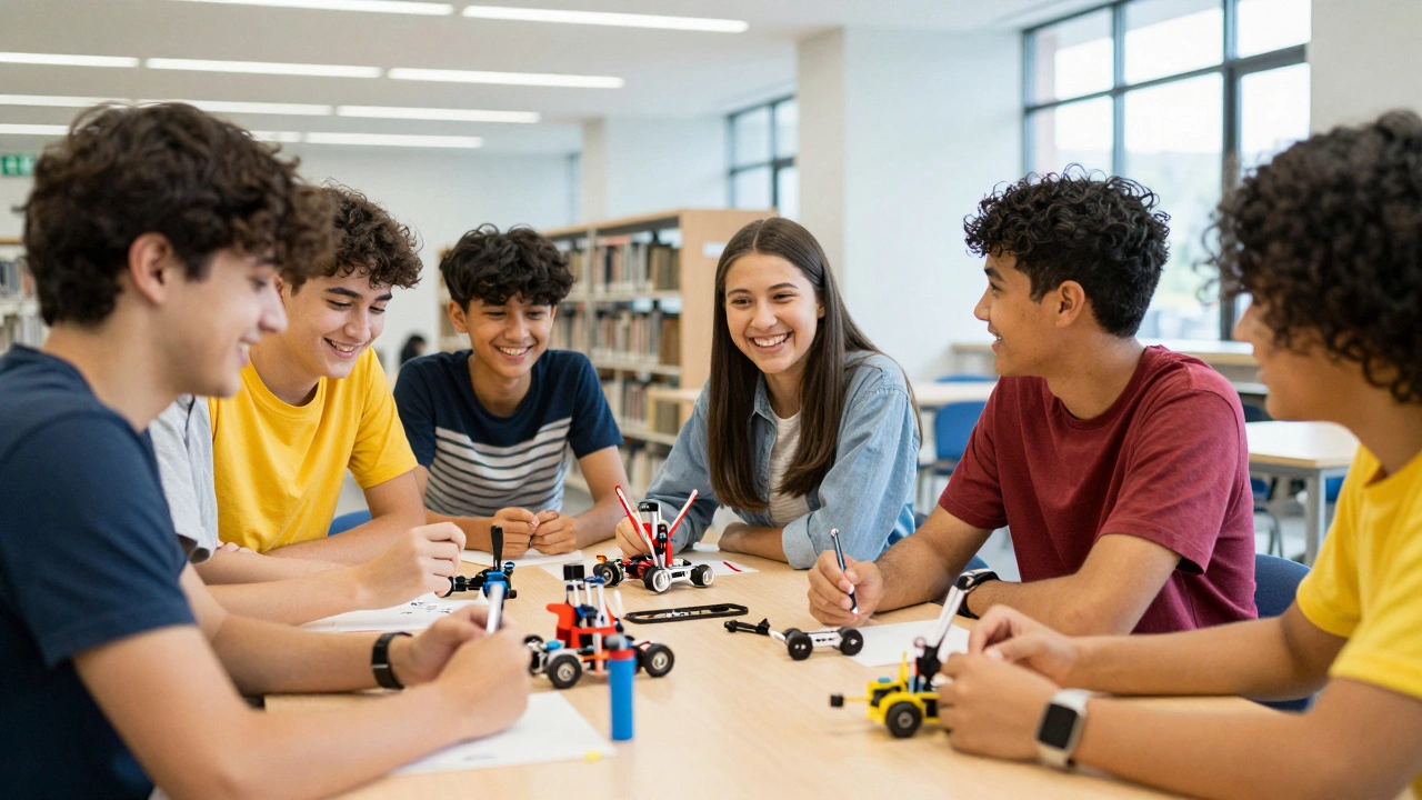 Teenagers socializing and collaborating on projects in a community center