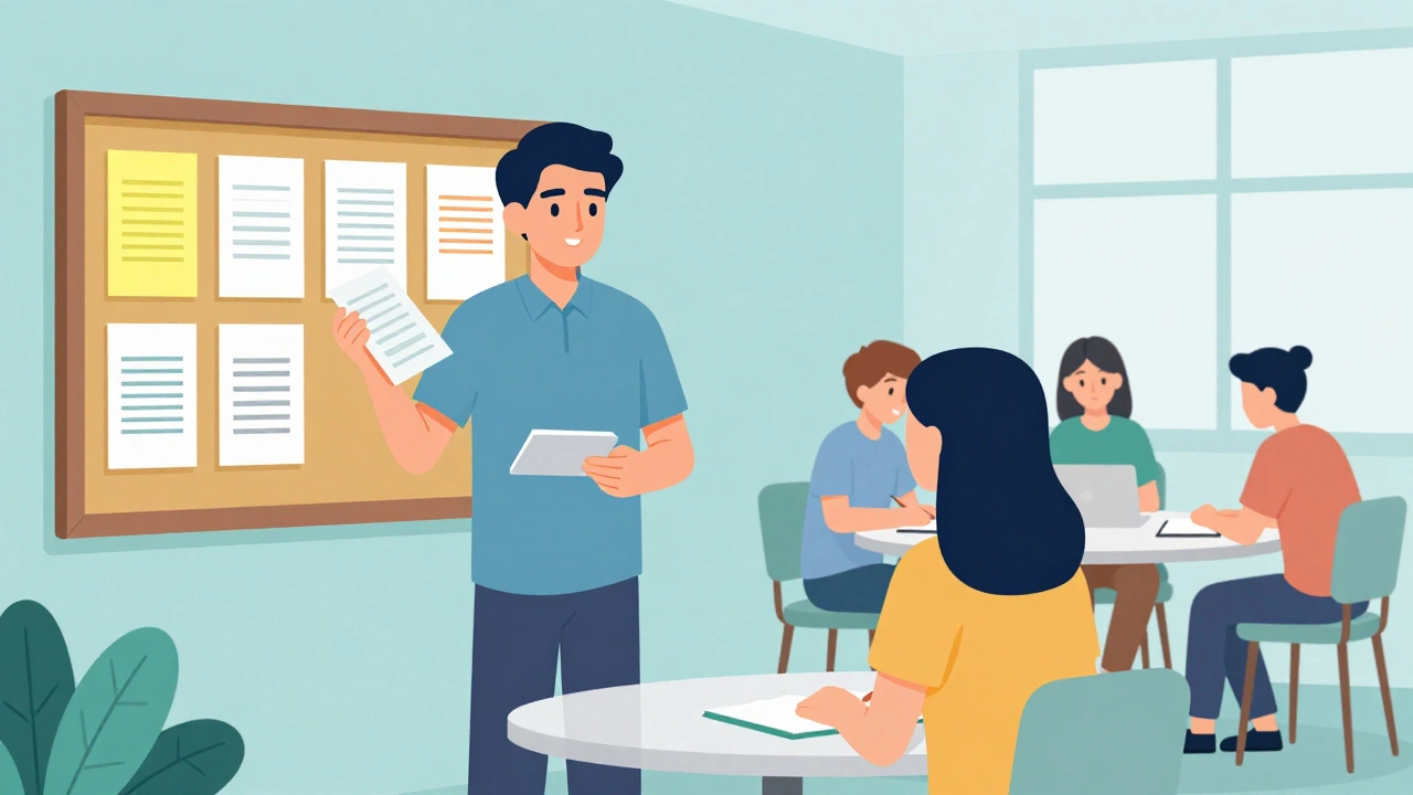 Tutor handing out flyers at a library bulletin board