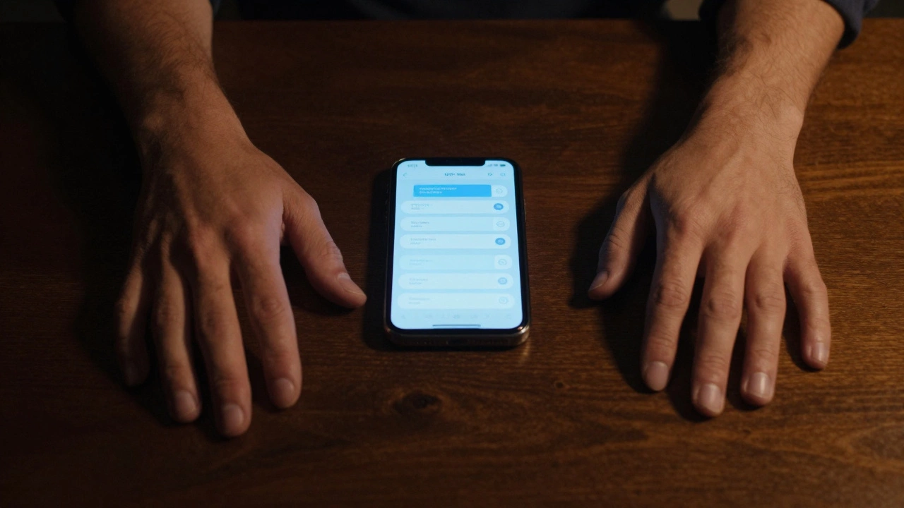 Two hands on a table, one reaching with a phone, the other passive, showing digital disconnect.