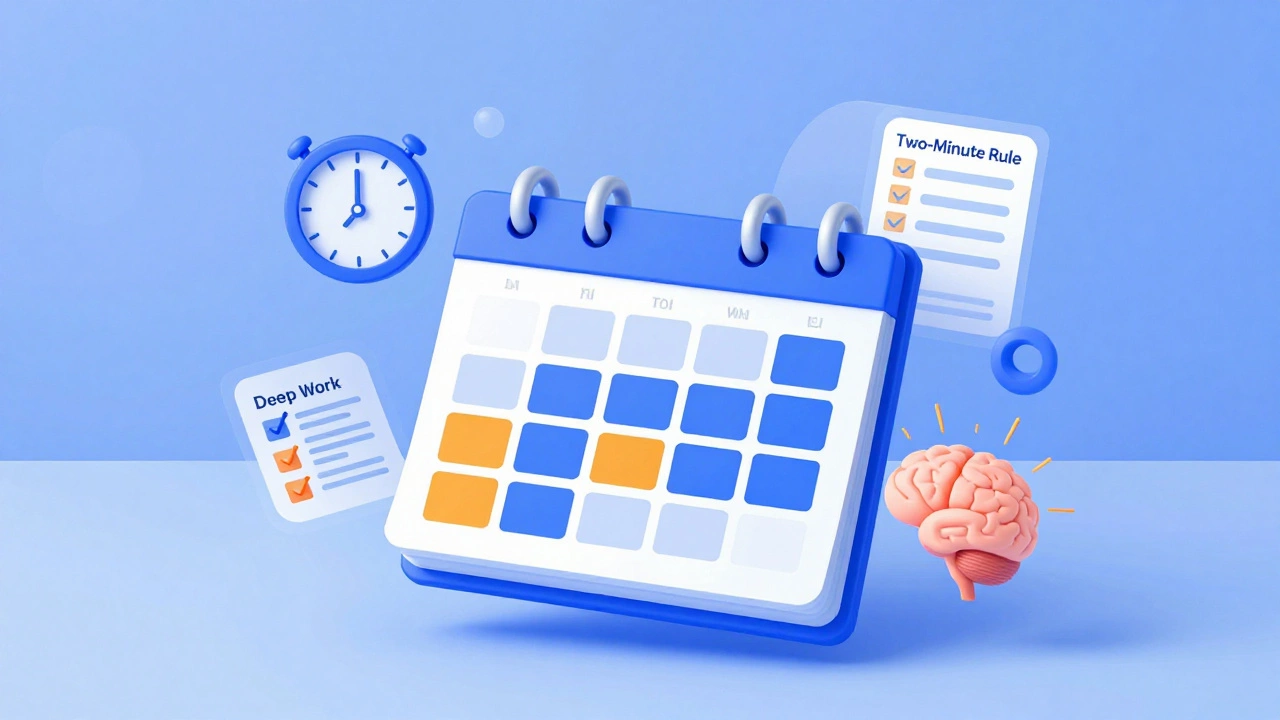 Abstract graphic of time-blocking calendar and productivity icons like clocks.