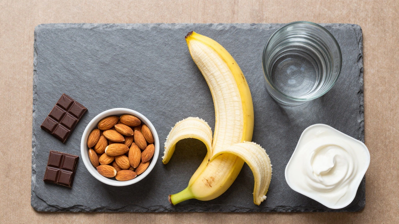 Banana, almonds, and water arranged on slate