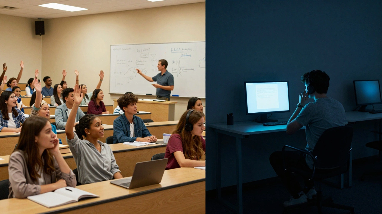 Contrast between lively classroom and isolated online student