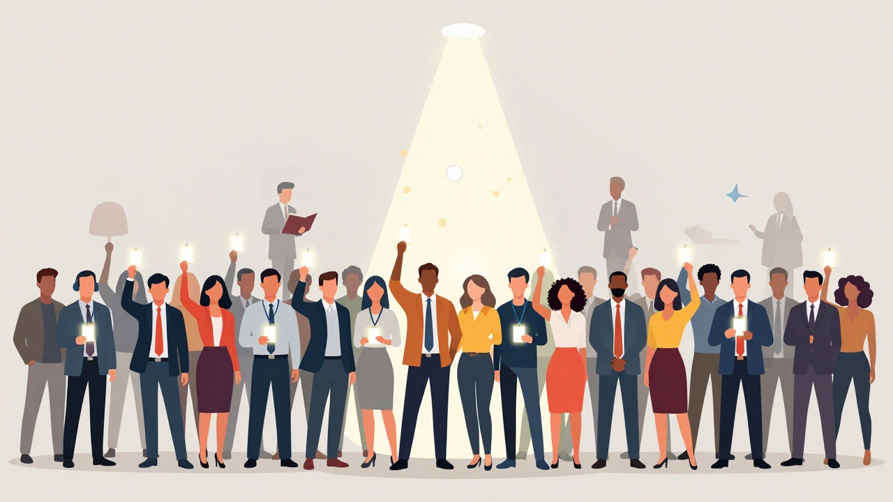 Crowd holding identical badges versus standout portfolio holders