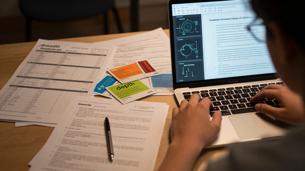 Desk split between multi-subject GCSE revision and deep AP analysis