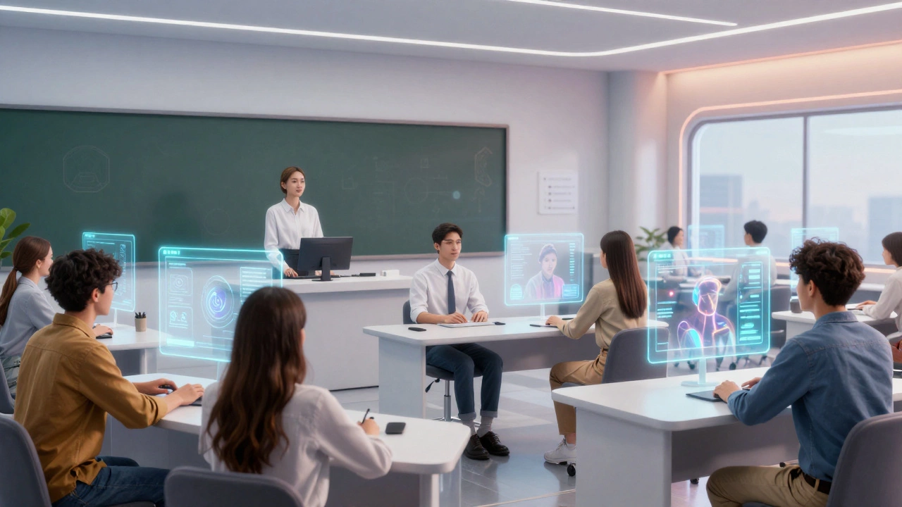 Futuristic hybrid classroom blending real and virtual students