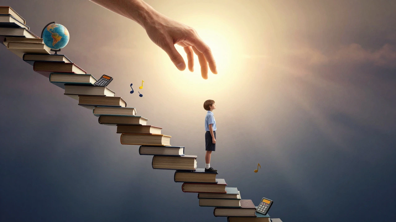 Student climbing stairs of books towards academic success