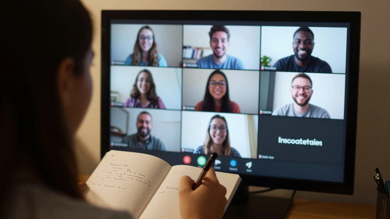Student taking handwritten notes while joining a lively online video study group.