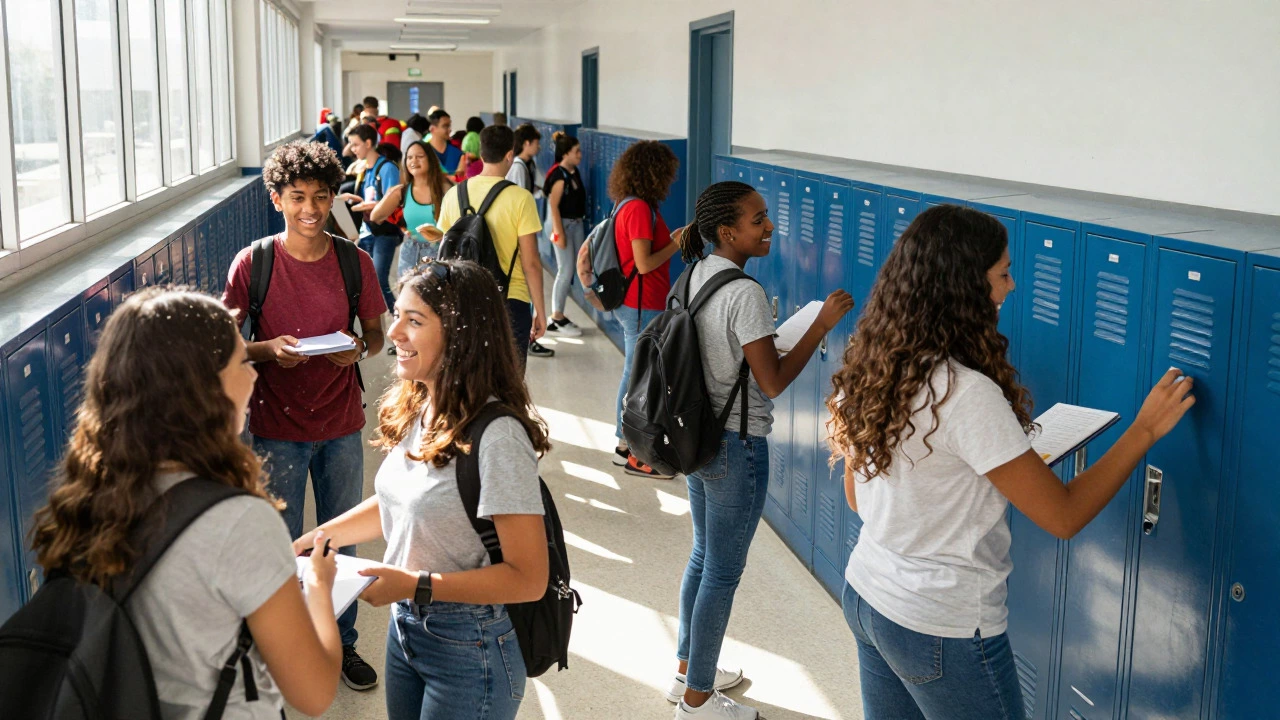 Students socializing and collaborating in a busy school hallway