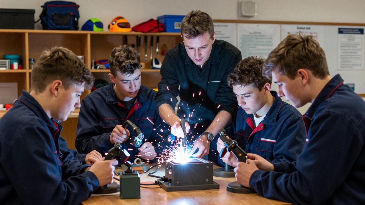 Vocational instructor teaching automotive repair skills to students in a workshop