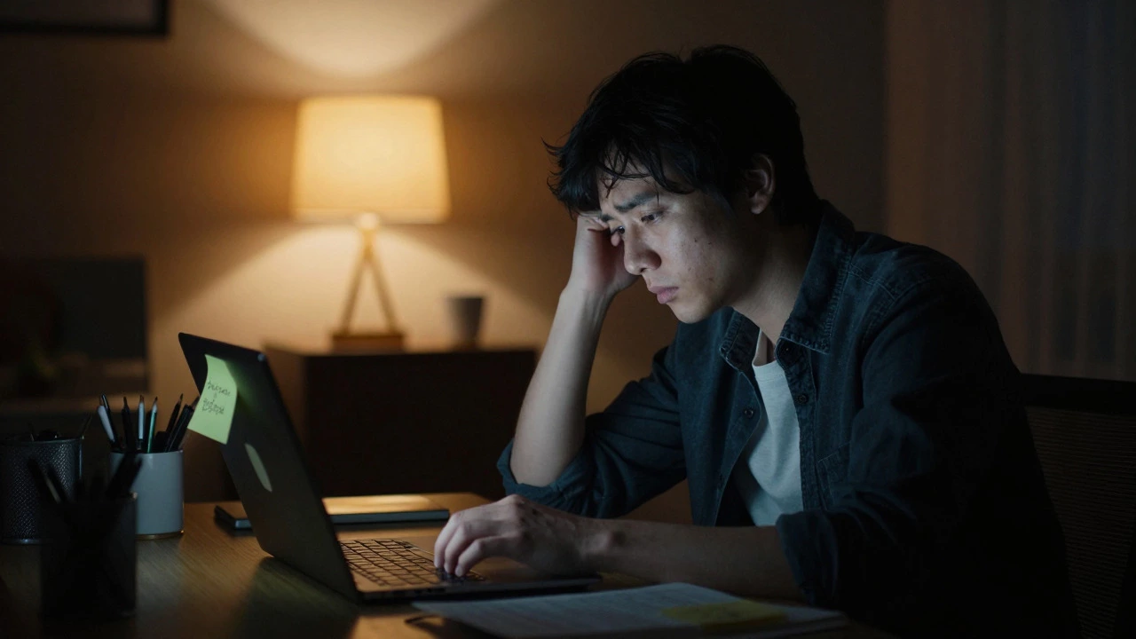 A focused student studying late at night under laptop light.