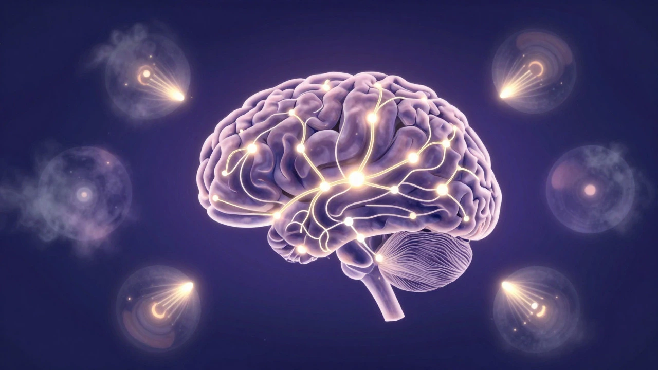 Abstract illustration of brain neural pathways and memory orbs