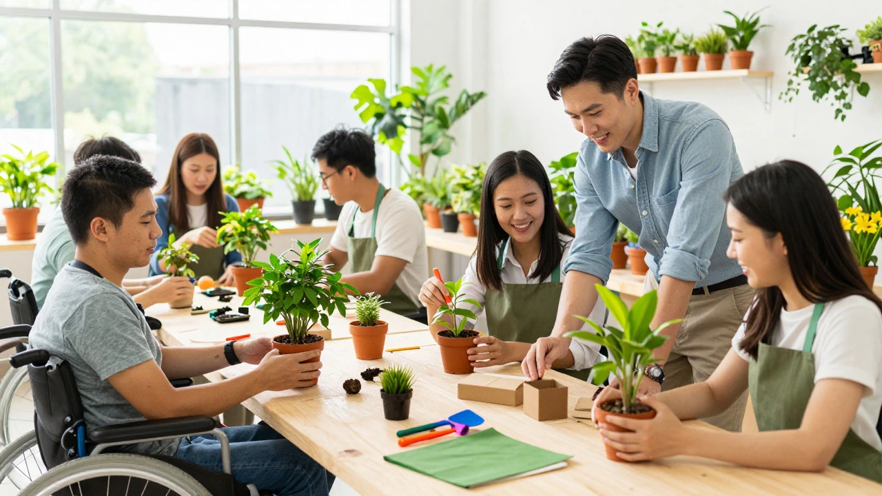 Adults with disabilities working together in a supportive garden workshop