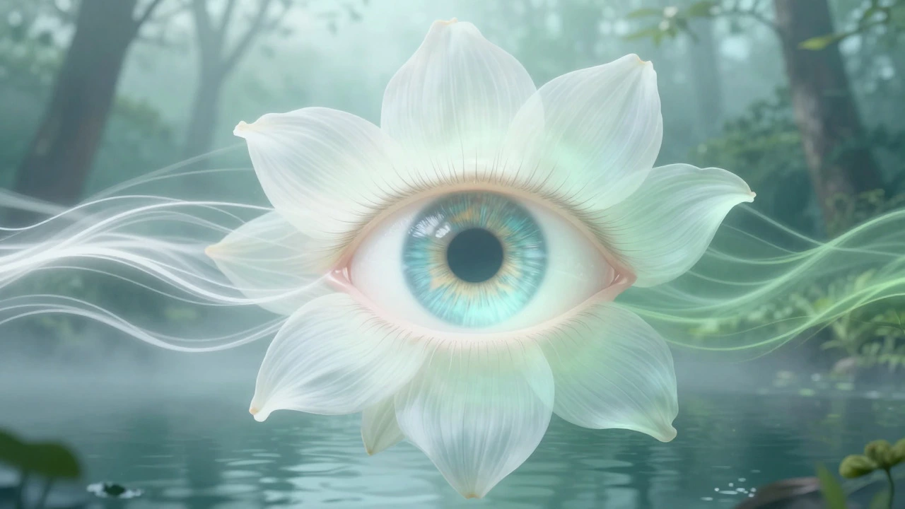 Artistic depiction of an eye relaxing with surrounding natural elements