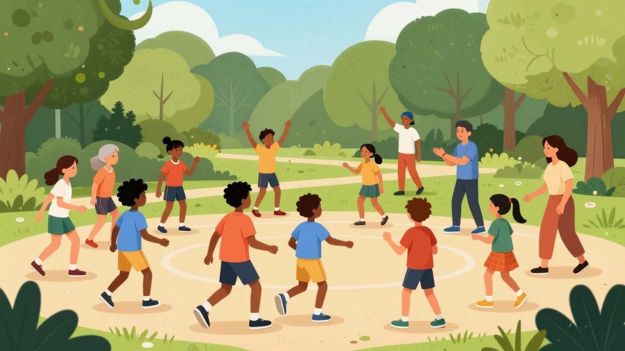 Children of various ages playing and interacting in a community park