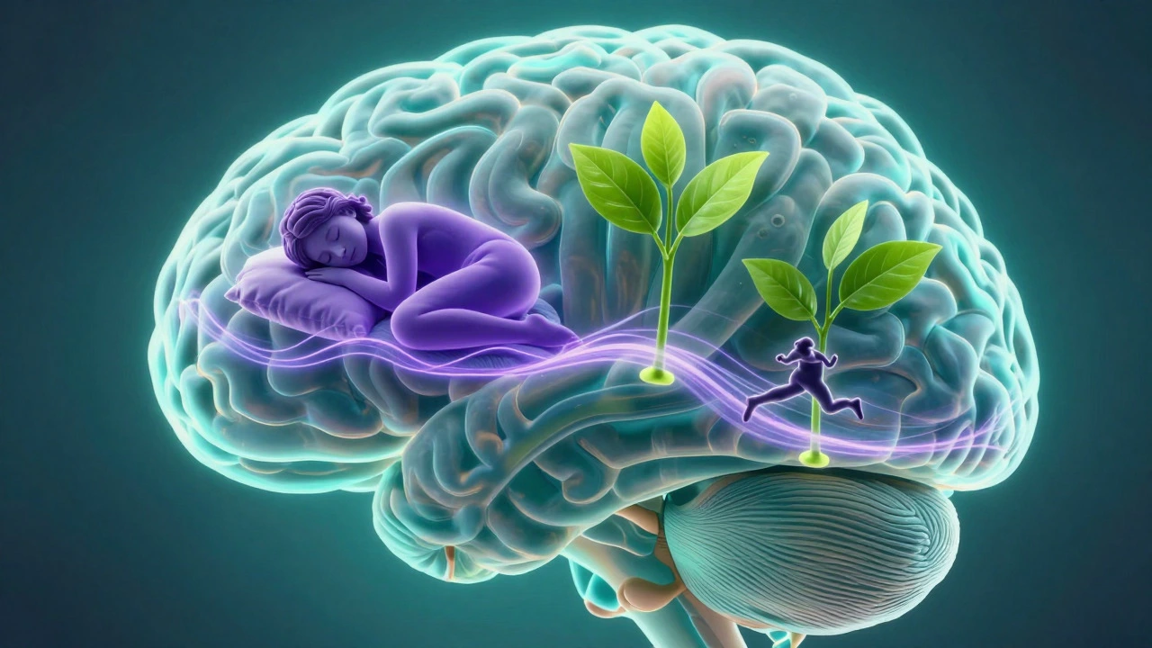Conceptual art showing sleep, exercise, and nutrition enhancing brain health.