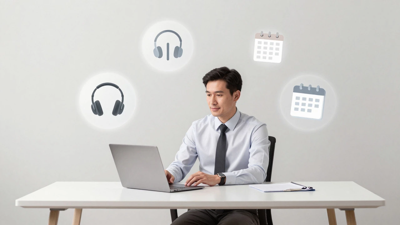 Confident professional surrounded by glowing productivity tools