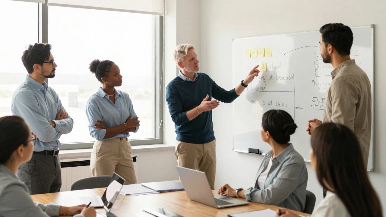 Diverse team collaborating on soft skills workshop in modern office