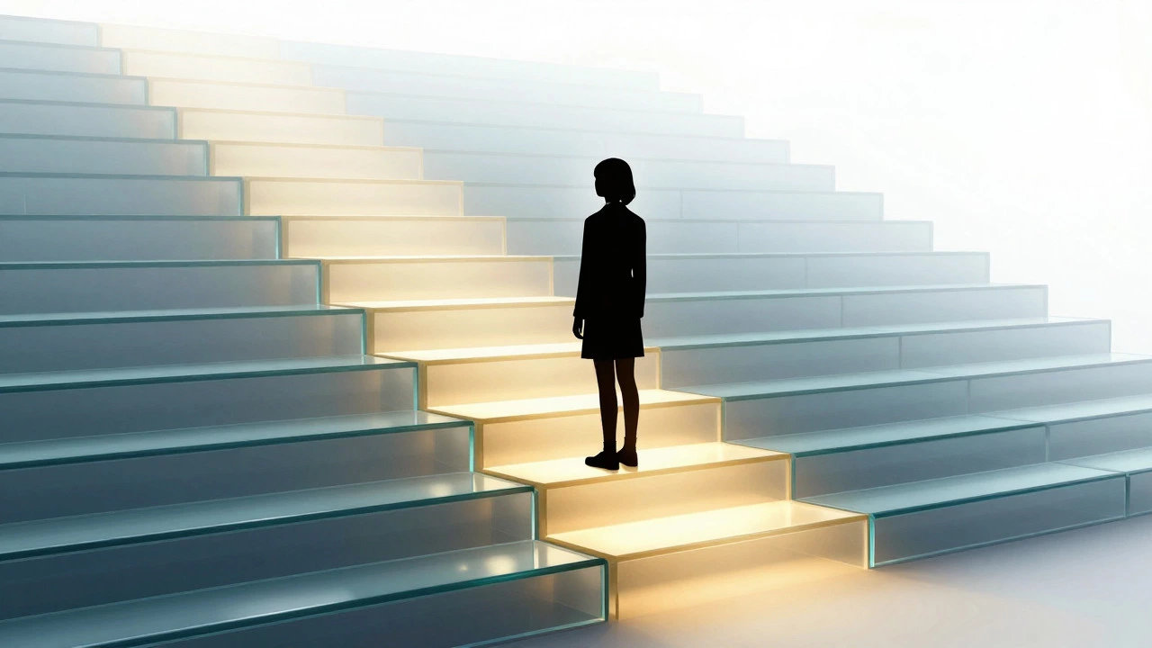 Glass staircase illustration with a glowing central step representing a strong grade