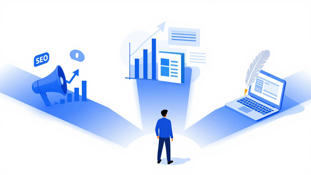 Illustration of three career paths: marketing, data, and copywriting.