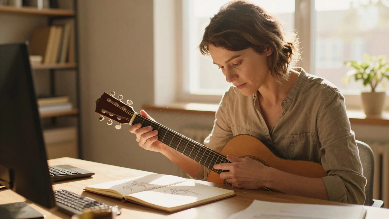 Middle-aged woman practicing guitar at a desk, illustrating adult learning efforts.