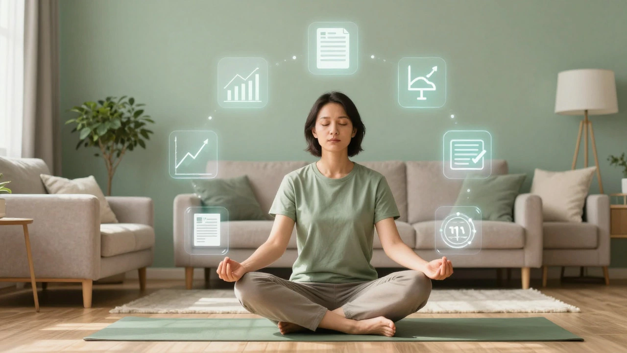 Person meditating with floating symbols of finance and health
