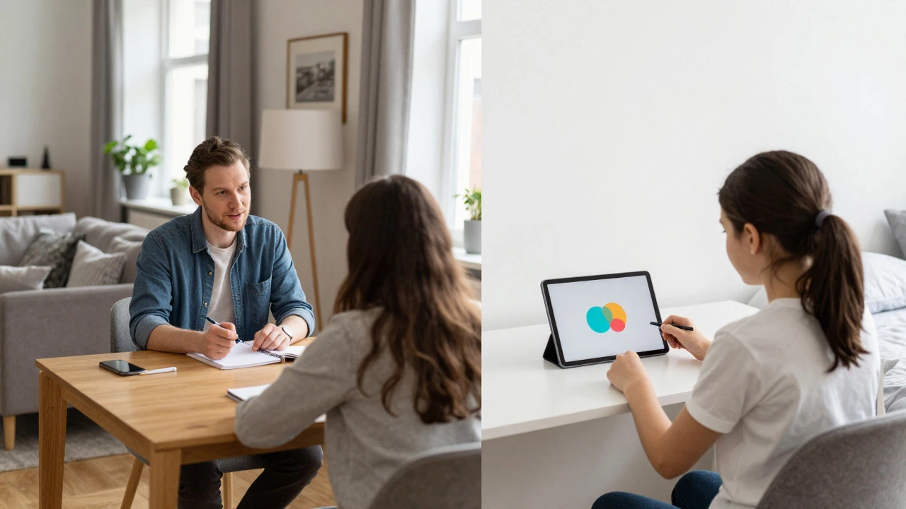 Side-by-side view of an in-person home tutoring session and an online learning setup