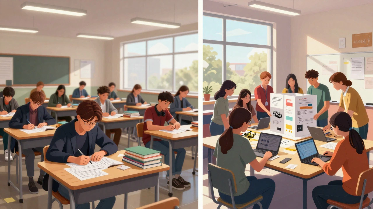 Split view of a silent exam hall versus a collaborative practical workshop