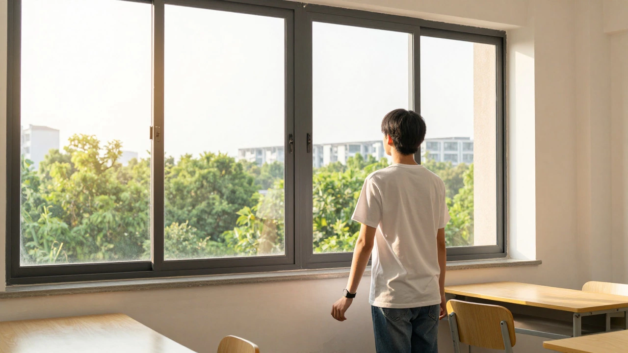 Student looking out a window at distant scenery to rest their eyes