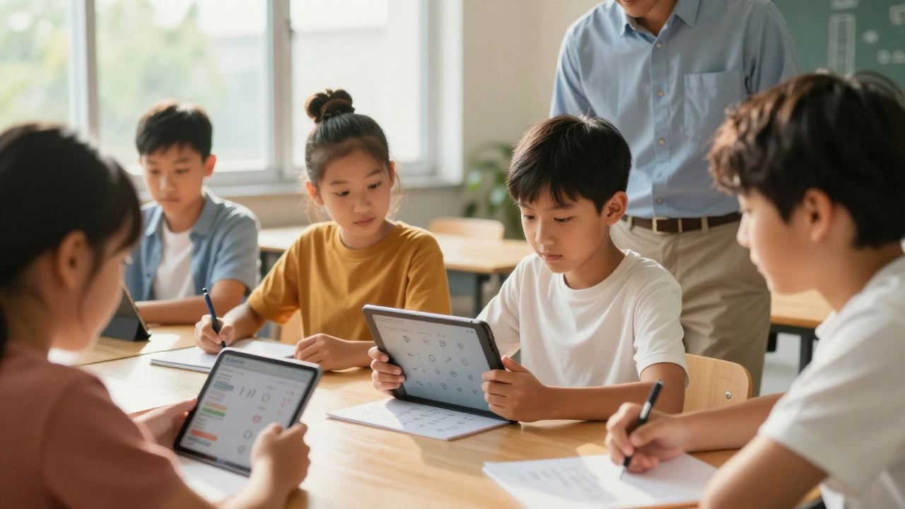 Students using assistive tech in a sunny, inclusive classroom