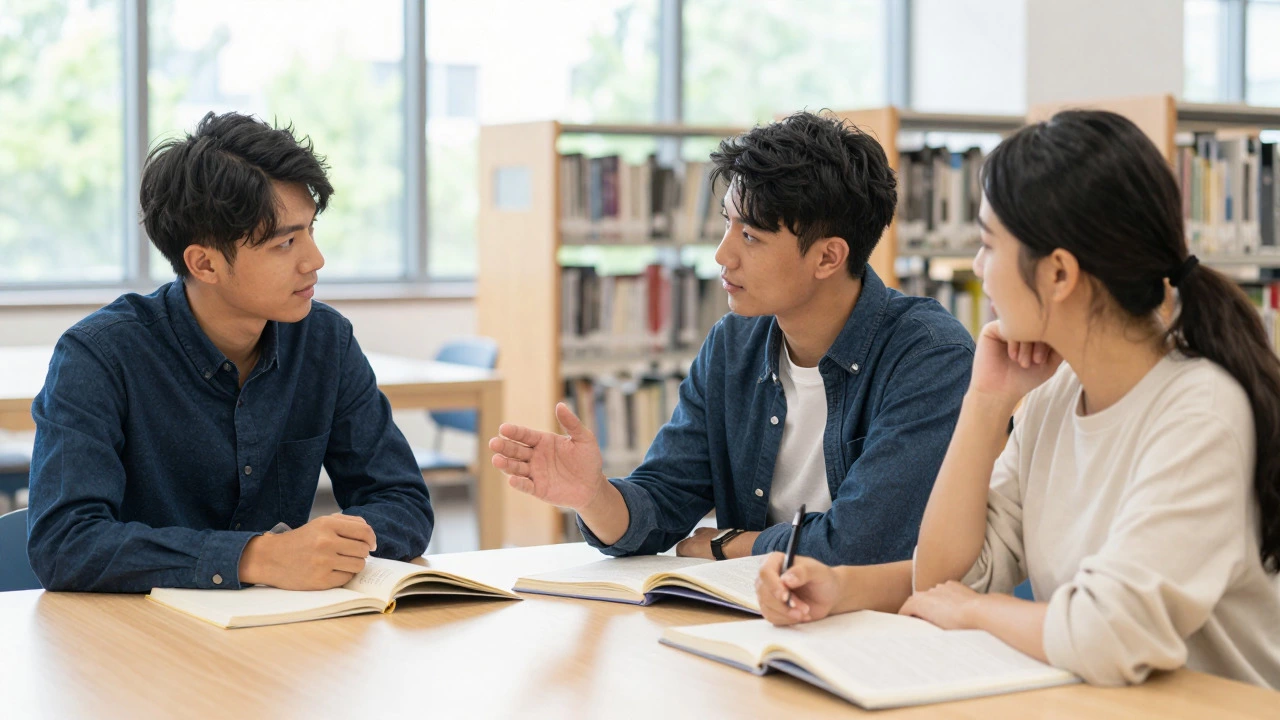 Three students studying together at a university library table
