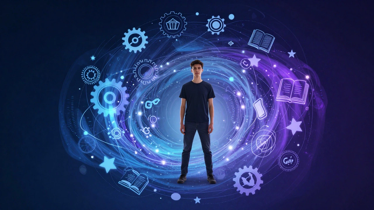 Young person surrounded by a swirling web of knowledge symbols