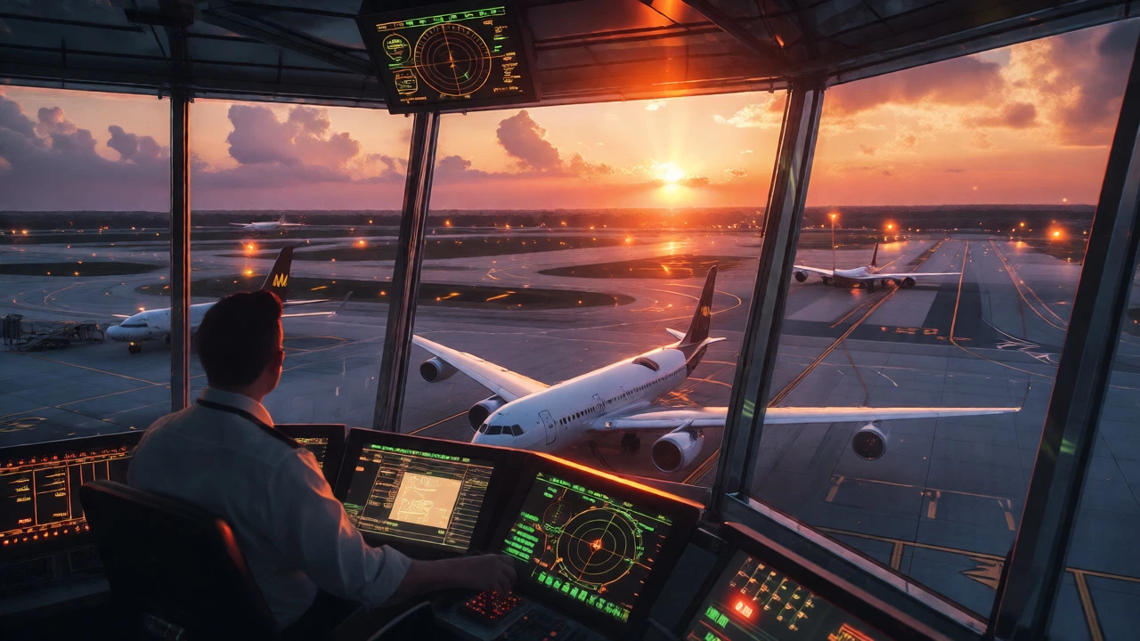 Air traffic controller viewing planes at sunset from a control tower.