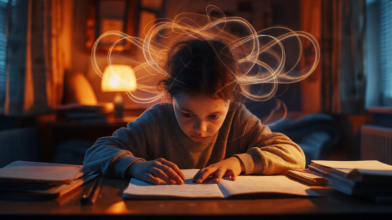 Anxious child surrounded by swirling light loops representing sticky thoughts