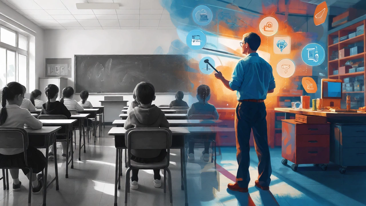 Artistic split showing child classroom vs adult self-directed learning