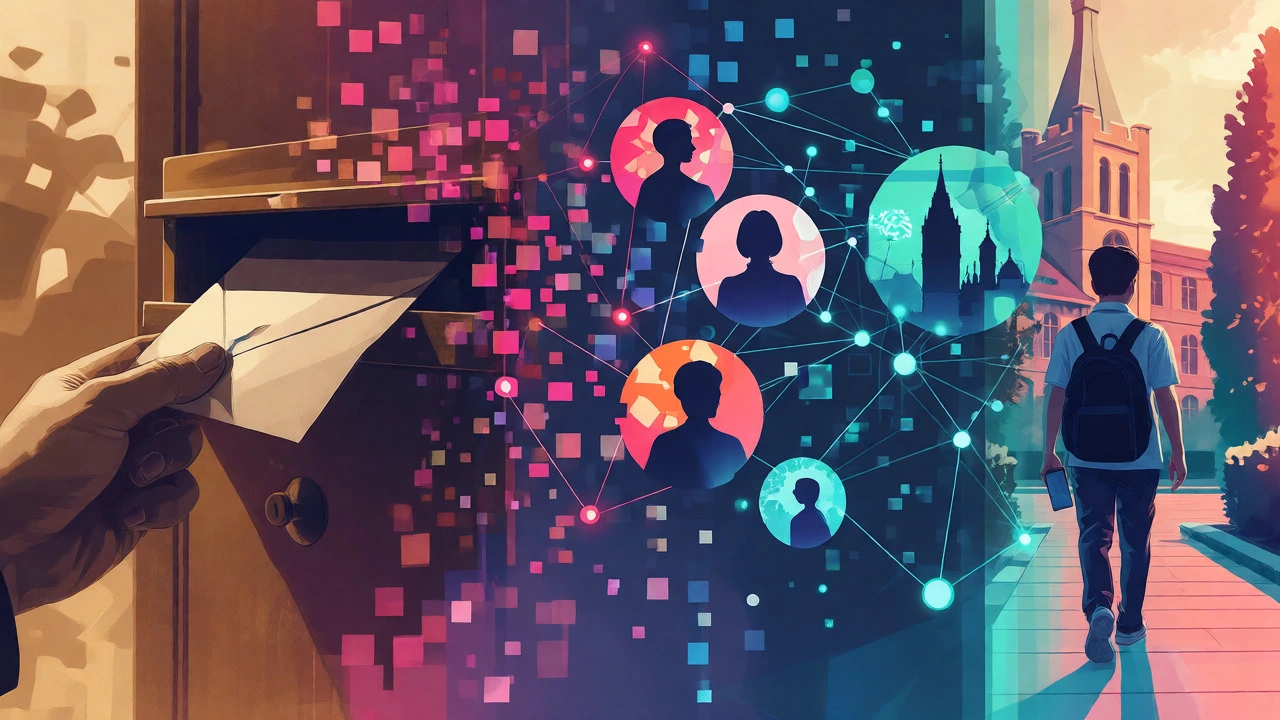Conceptual art illustrating the journey from postal correspondence to online and blended learning.