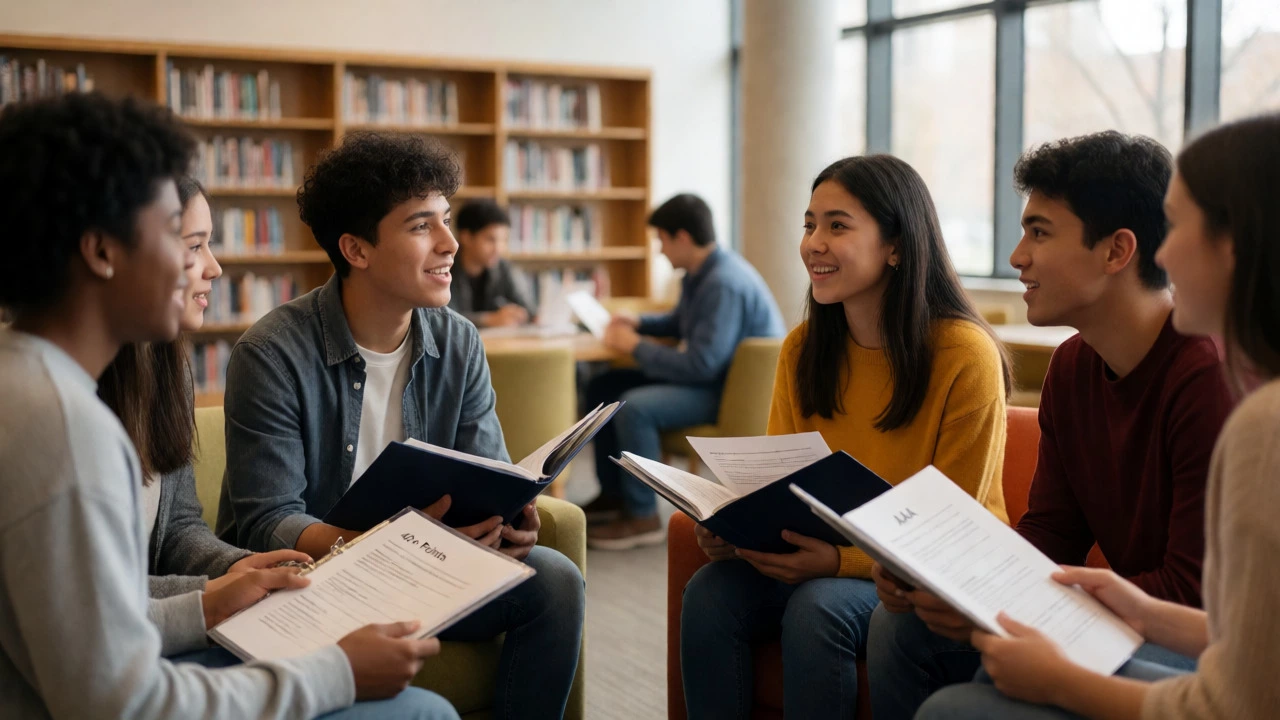 Diverse students discussing academic predictions and portfolios in a bright, modern library setting.