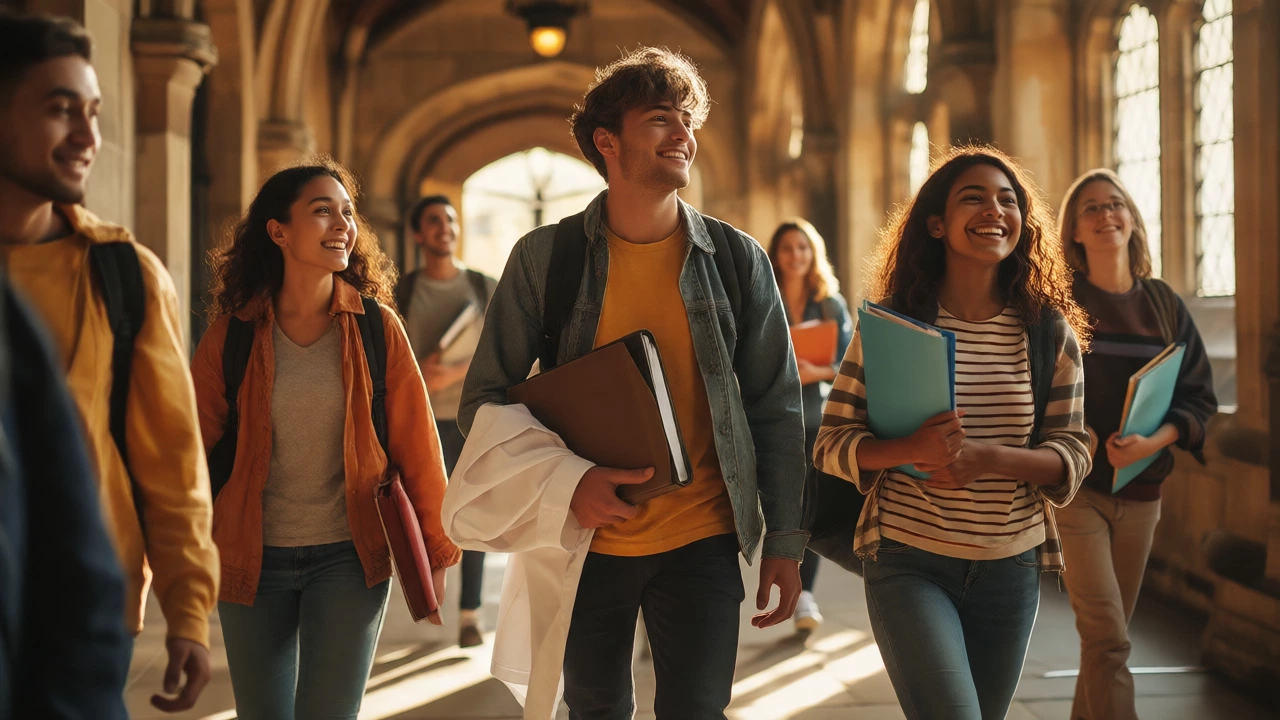 Diverse students leaving a university building in warm sunlight