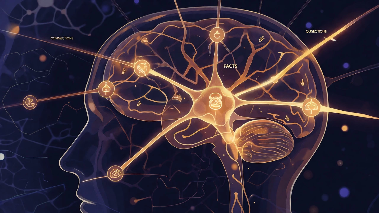 Glowing neural network visualization showing strengthened memory pathways from active recall techniques.