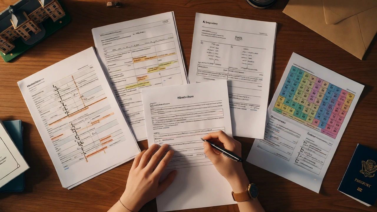 Overhead view of A-level revision notes and exam preparation materials.