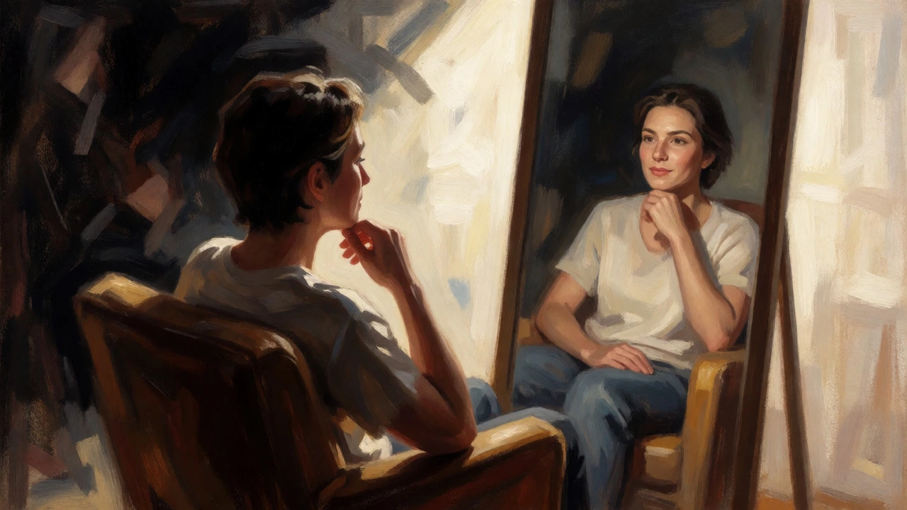 Person reflecting in a mirror showing a transformed self