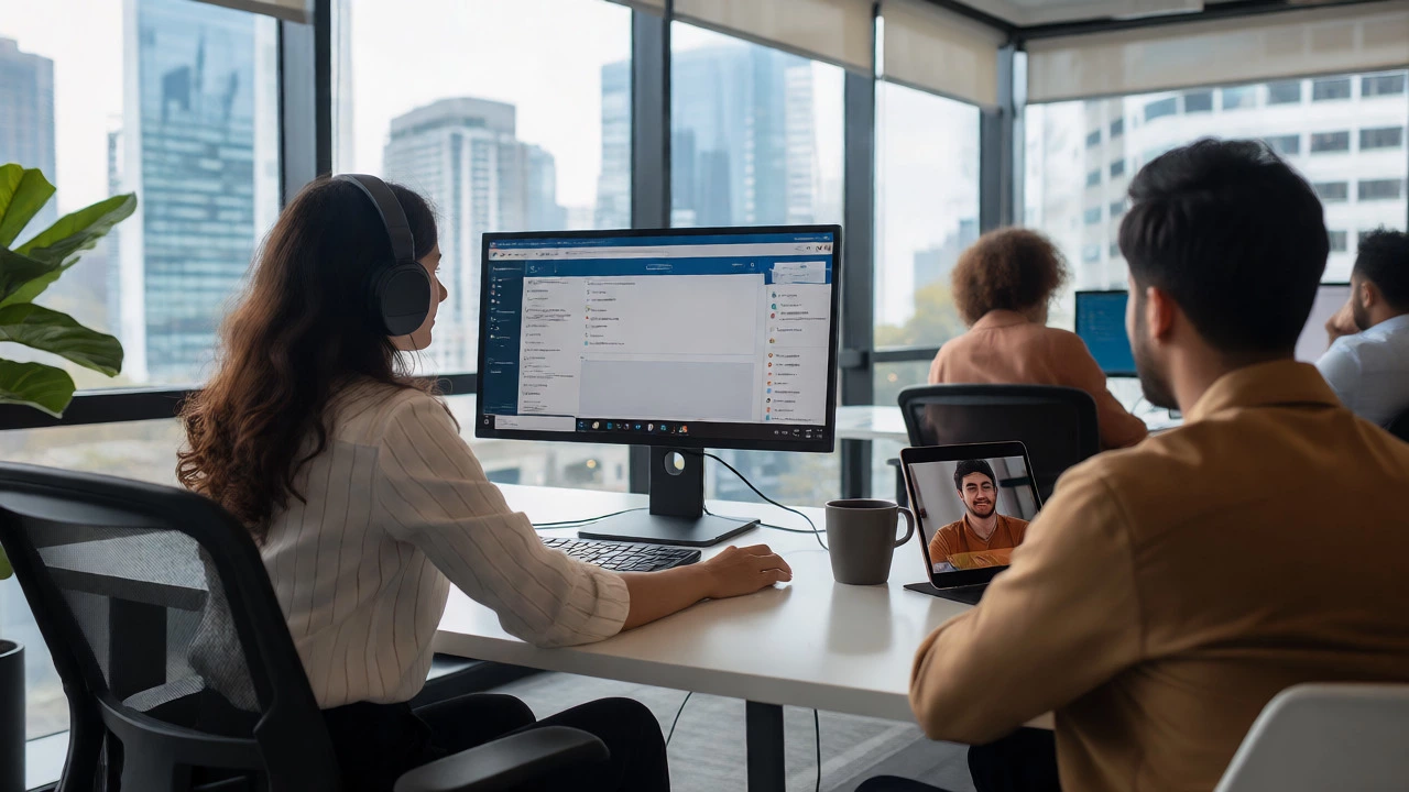 Professionals using laptops and tablets for remote education in a modern bright workspace.