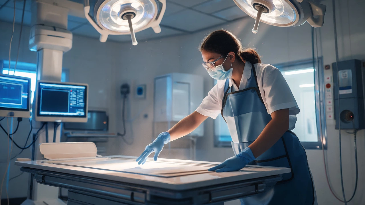Radiologic technologist preparing a patient for an X-ray in a modern clinic.