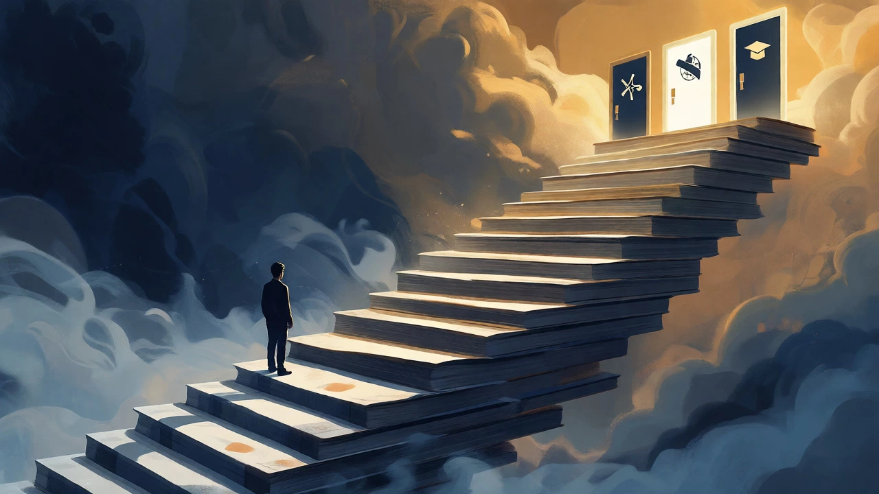 Student climbing a staircase of books towards university opportunities.