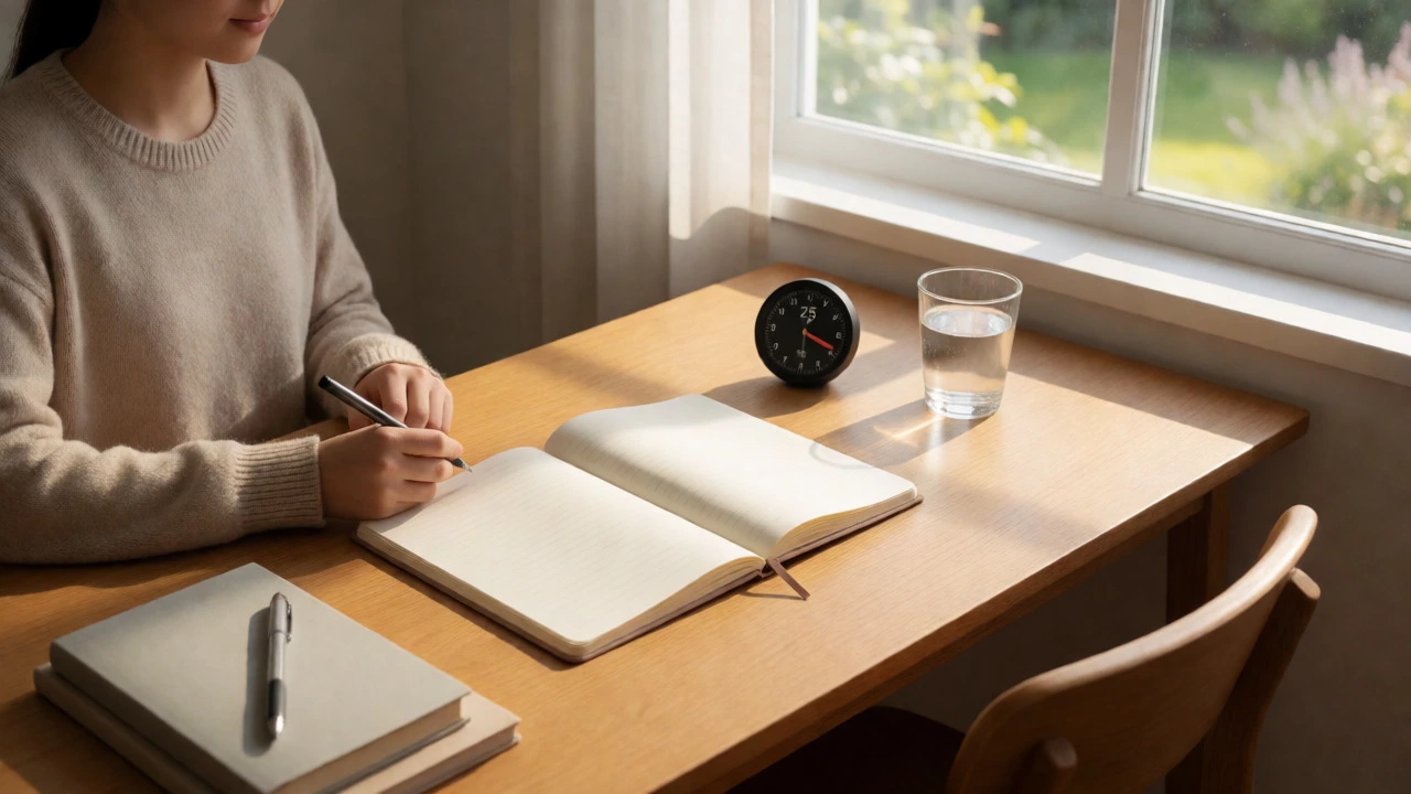 Student studying calmly at a bright, organized desk with a timer