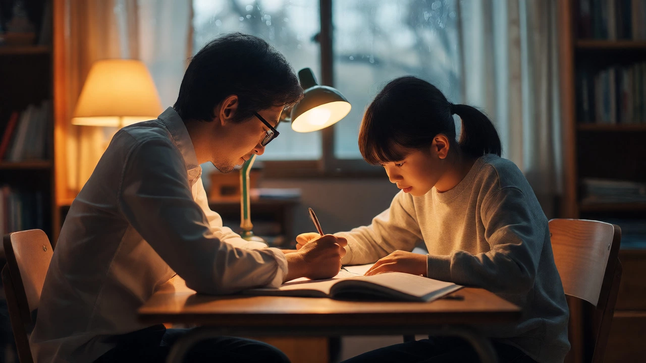 A tutor and student studying closely together at a desk in a warmly lit, quiet home study room.
