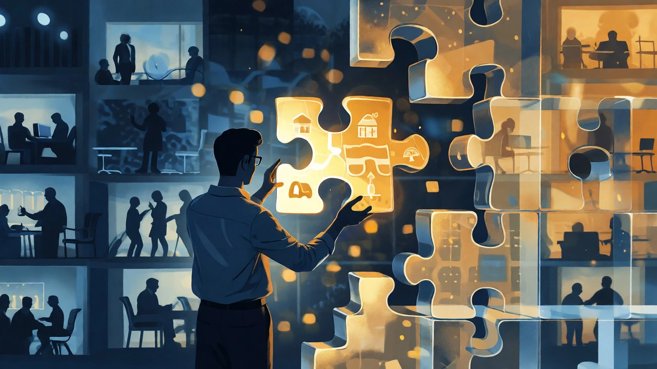 Abstract visualization of an adult integrating past experiences into new knowledge structures.