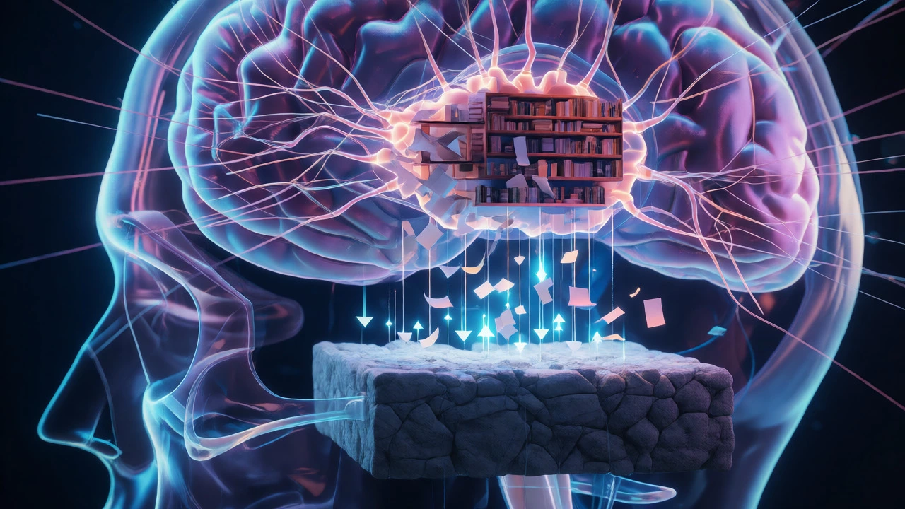 Conceptual art of the brain transferring memories from hippocampus to neocortex during sleep.